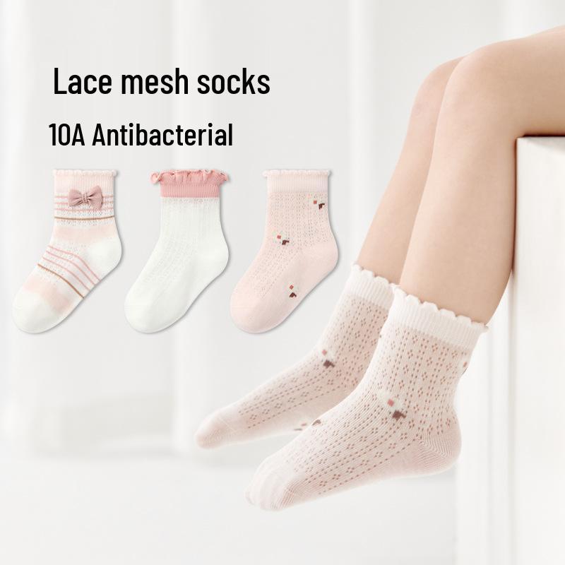 Spring/Summer Bow Baby Mesh Lace Cotton Socks - Breathable & Thin Princess Socks for Girls