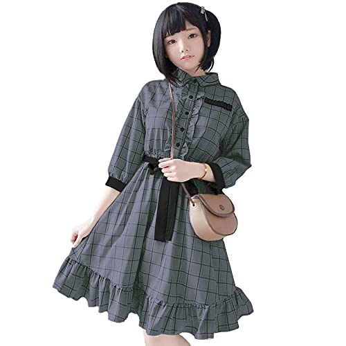 

SUNNYSTEP Checkered Dress, Gray, Gothic Lolita Style, Cute, Plus Size, Loose Fit, A-Line, 3/4 Sleeves, Knee-Length (Gray, 5L)