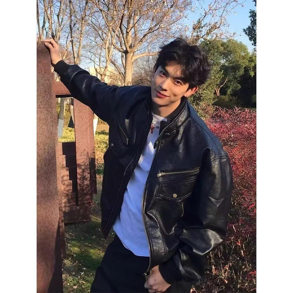 American retro high-end PU leather jacket for men and women, autumn and winter street pilot, locomotive suit, padded jacket tide
