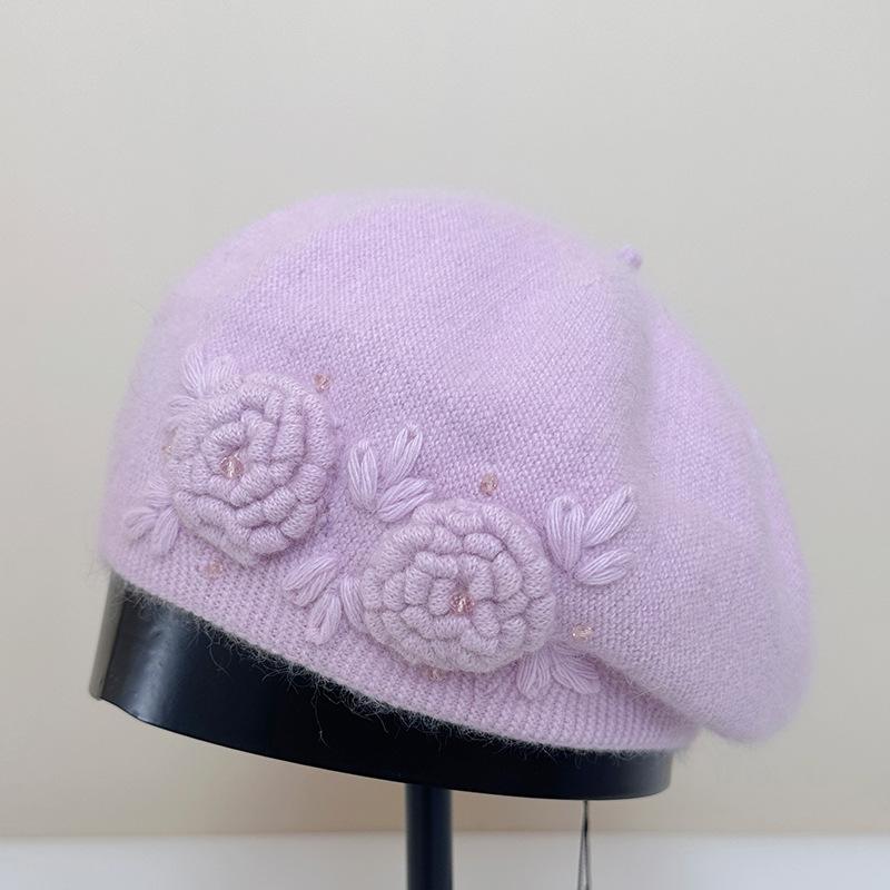 Autumn and Winter Hat Femininity Sweet Headhat Flower Rabbit Velvet Knitted Beret,Winter Hats for Women, Beanies for Women, Hats for Women Winter