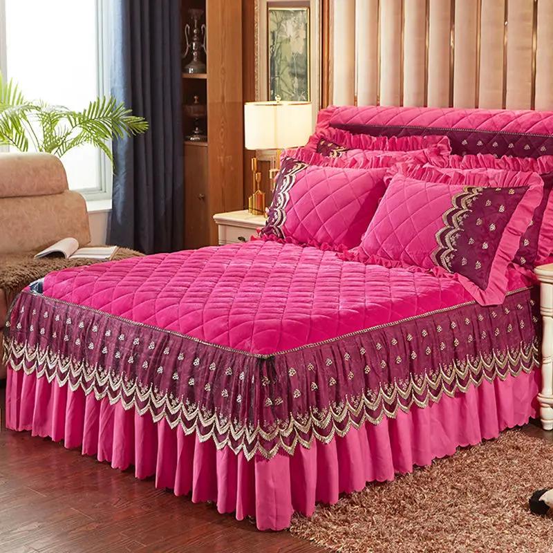 Saia de cama de veludo quente de luxo supermacia, colcha acolchoada de flanela grossa, capa de cama antiderrapante, fronha não incluída, cubre cama