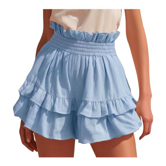 Women's Cotton Linen Ruffle Tiered Shorts, Elastic High Waist Layered Flowy Shorts, Casual Summer Beach Mini Shorts