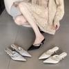 2025 New French Rhinestone One-word Belt Wear Thick Heel Half Slippers Women's Skirt Sexy Mixed with Muller Shoes