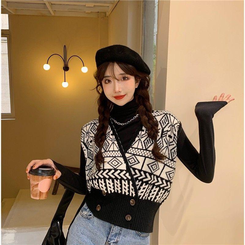 Vintage V-neck Vest Sweater Cardigan Outerwear Women Sweater Autumn 2023 Casual Loose Short Outerwear Sweater Vest Female Top