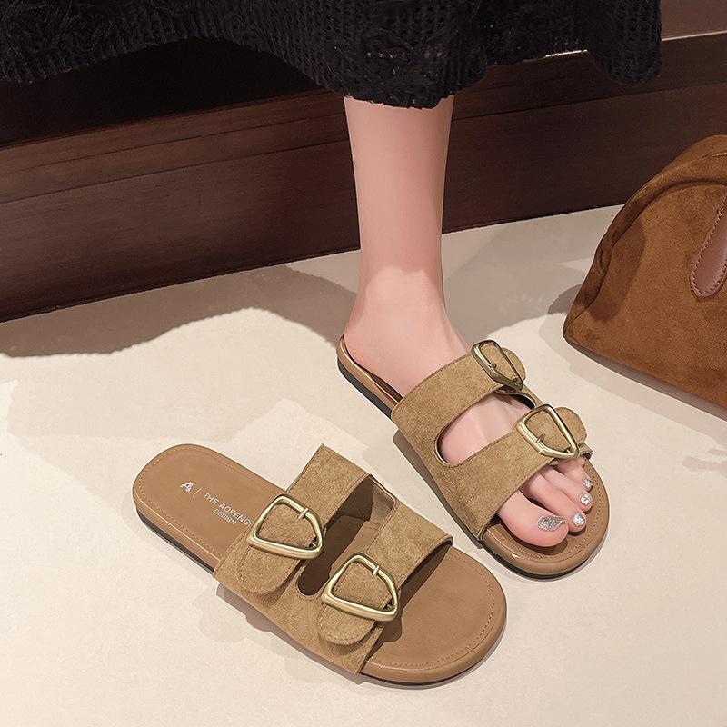 2025 summer new flat-bottomed Boken slippers women's outer wear belt buckle flat-bottomed one-word drag soft-bottomed casual sandals