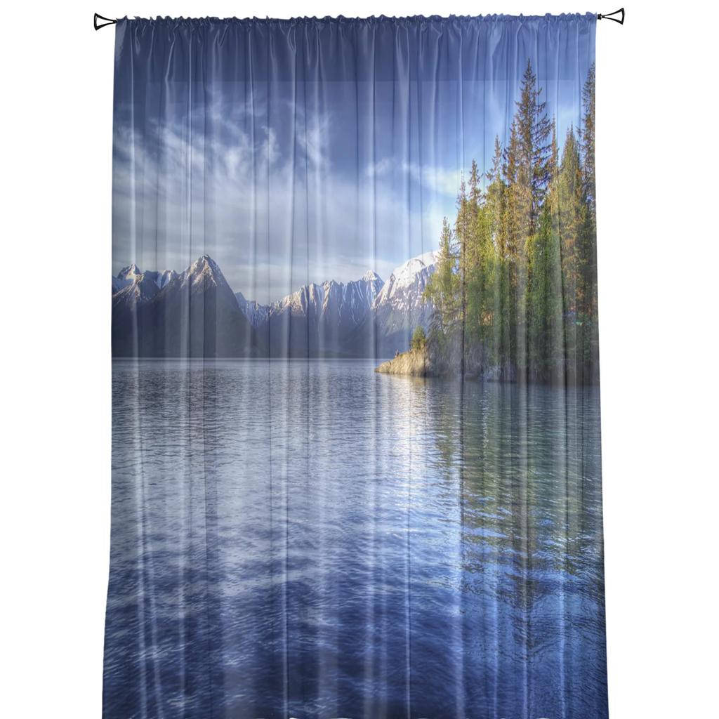 Lake Nature Trees Mountains Sky Clouds Blue Tulle Sheer Window Curtains for Living Room Bedroom Voile Organza Curtains Drapes
