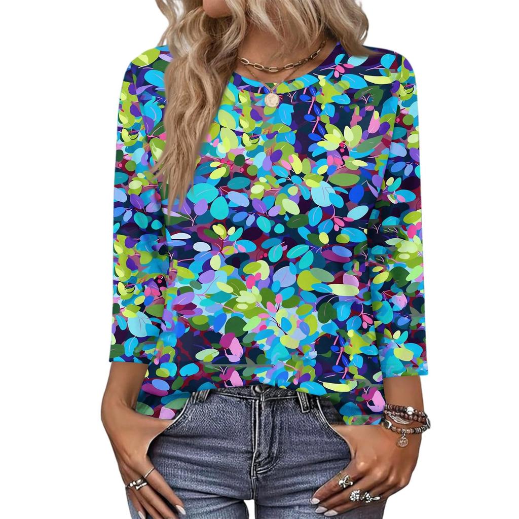 343/4 Sleeve Shirts For Women Cute Print Graphic Tees Blouses Casual Plus Size Basic Tops Pullover
