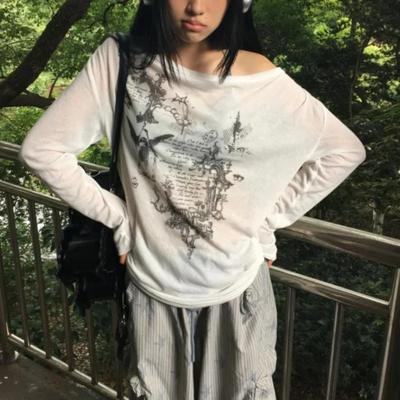Korejská móda Grafická trička Mírně průsvitné tričko Dámské oblečení Dlouhý rukáv Volné tričko Streetwear Jarní topy