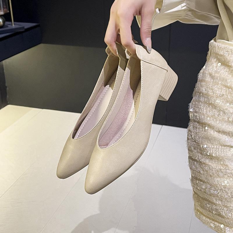 3.5 Cm Leather Spring and Autumn Single Shoes Women's Comfortable Versatile Soft Leather Pointed Work Shoes Occupation Not Tired Feet Thick Heels