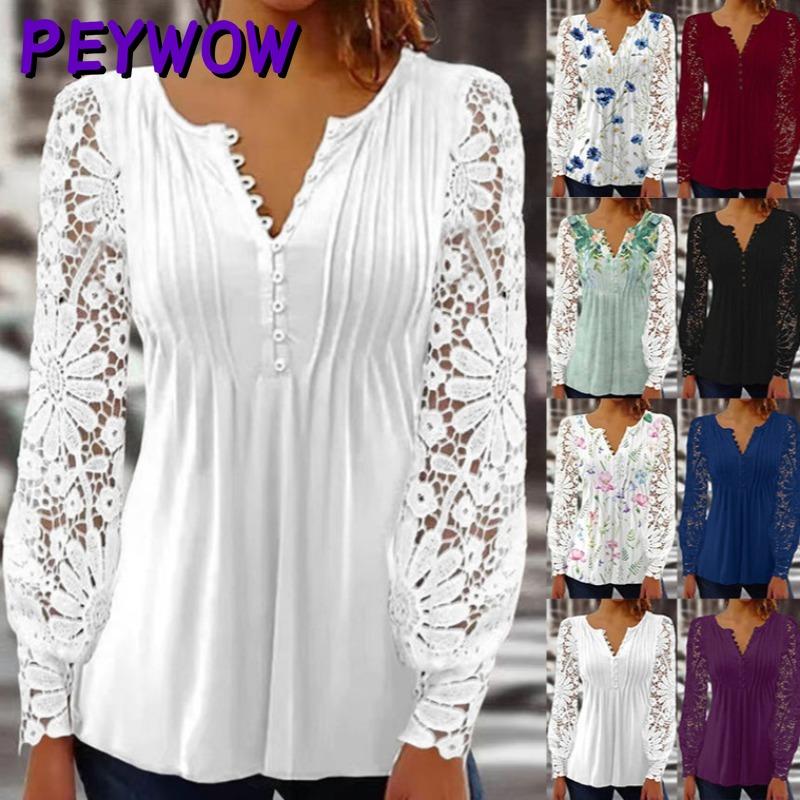 PEYWOW Women's Fashion Casual Autumn Winter Summer Spring V-Neck Blouses & Shirts