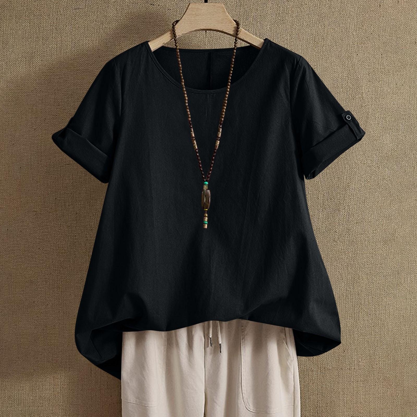 

Womens Shirt Round Neck Short Sleeve Blouse Tops Fashion Solid Color Loose Casual Summer Tops L чорний