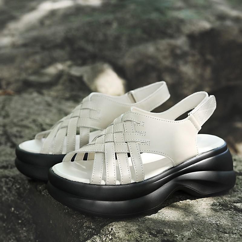 Johnature Genuine Leather Retro Woven Thick Soled Sandals Versatile Height Increasing Roman Women's Shoes