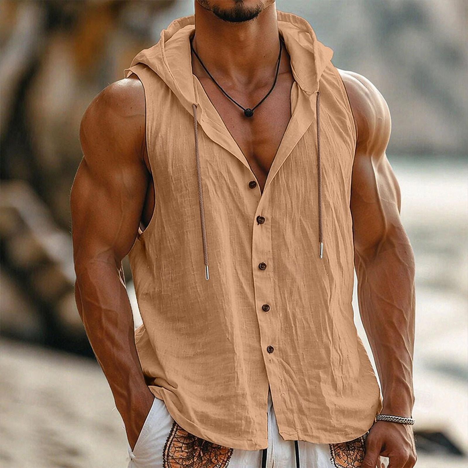 Men Sleeveless Hooded Vest Button Front Linen Cotton Blend Casual Lightweight Summer Shirt Outerwear XXL