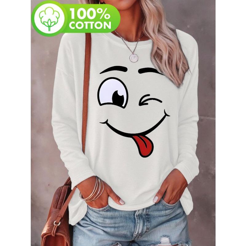Women's spring and autumn comfortable casual fashion long sleeved cat graphic printed round neck T-shirt