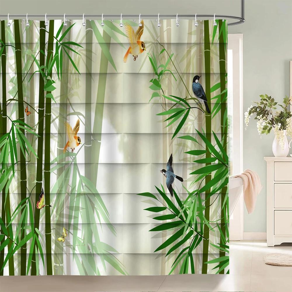 Green Plant Bamboo Shower Curtain Bathroom Bath Curtain Waterproof polyester 3D Printed Trees 180*200cm Bath Screen With Hooks