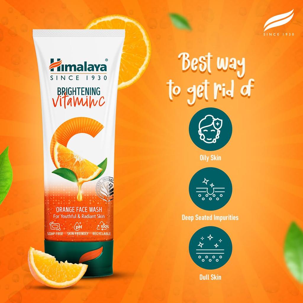 Himalaya Brightening Vitamin C Orange Face Wash 100ml Natural Radiance Boosting Cleanser for Dull Skin Removal