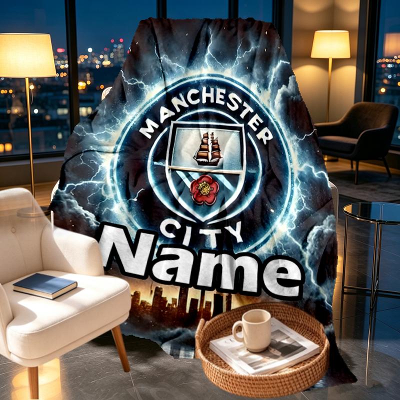 Custom Name Personalized Manchester City FC Print Blankets, Home Decor, Bedroom, Sofa, Camping, Couch, Gifts for Birthday Christmas