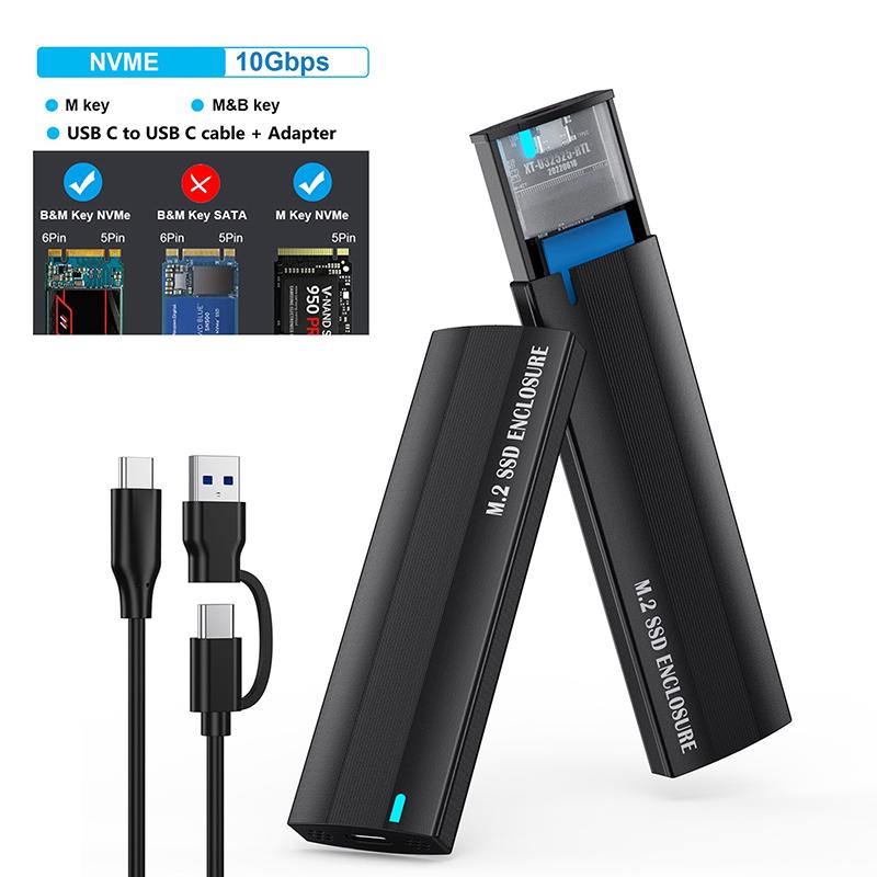 

M.2 Nvme Pcie /Ngff Sata Dual Protocol Ssd Case 10Gbps External Hard Drive Case Usb Type C Enclosure Supports M And B&M Keys Black NVME