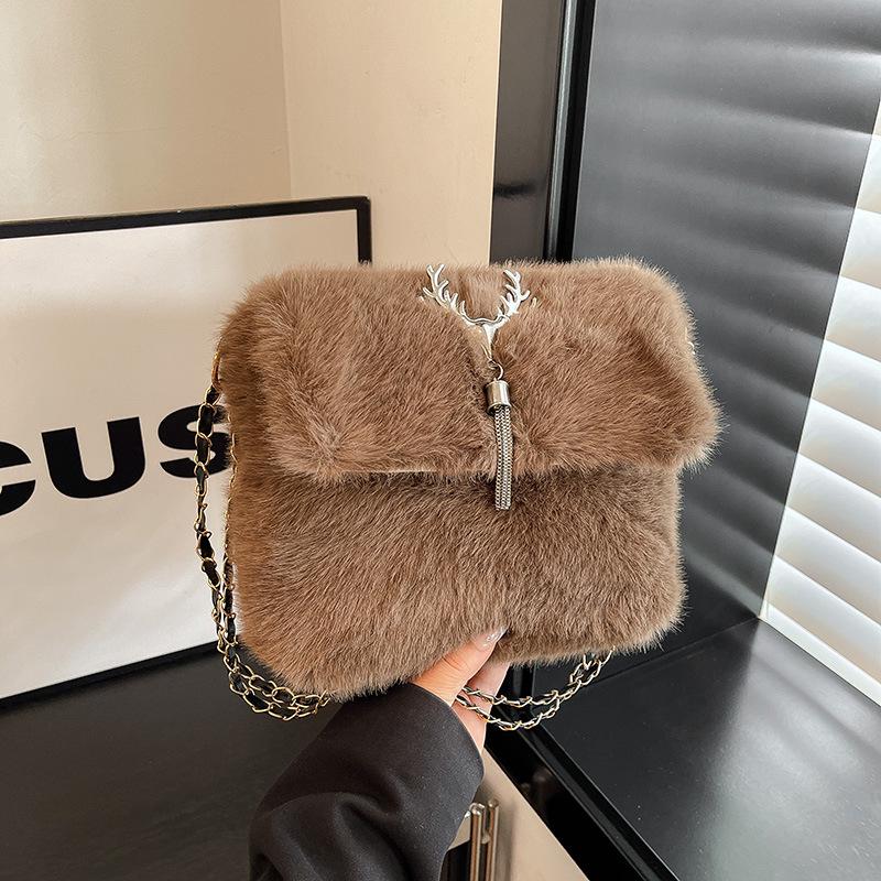 2025 Autumn/Winter Plush Tassel Antler Crossbody Shoulder Bag - Versatile Small Square Fashion Handbag