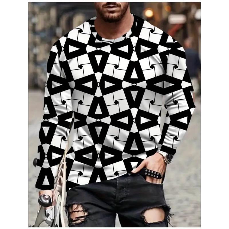 T Shirts for Man Geometric Block 3D Print Autumn Long Sleeve T-Shirt Pullover Casual Male Tops Street Lightweight Men's Clothes