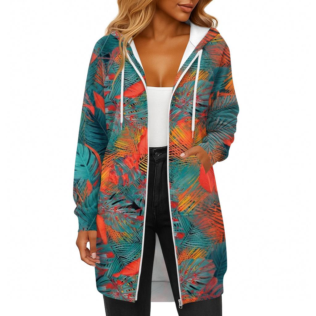 Women's Fashionable Printed  Long Sleeved Drawstring Hooded Zipper Pocket Long Casual Sweatshirt Jacket