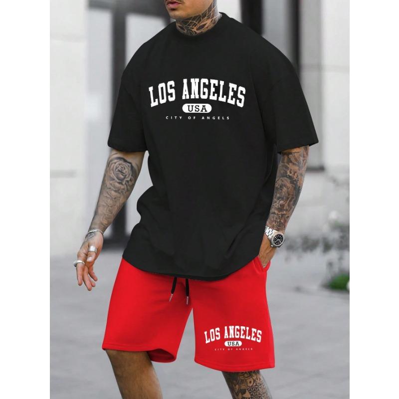 Set Casual pentru Bărbați Manfinity Homme, Tricou cu Mânecă Scurtă cu Imprimeu Litere și Pantaloni Scurți, Costum de Trening pentru Ieșit, Cadou pentru Iubit