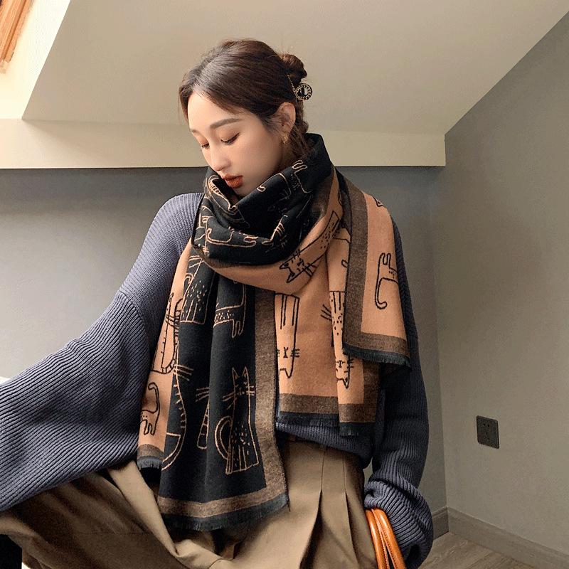 Cute pattern scarf, warm in winter, cute cat imitation cashmere scarf, female, short beard shawl, scarf dual-purpose