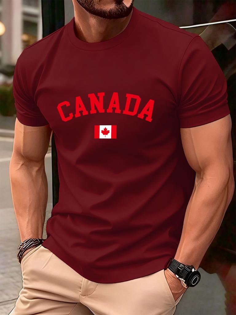 Kanada Text Med Flagga Tryckt Bomulls T-shirts HerrS Sommar Kortärmad T-shirt Mjuk Överdimensionerad Rundhalsad Toppar Grundläggande Herrkläder