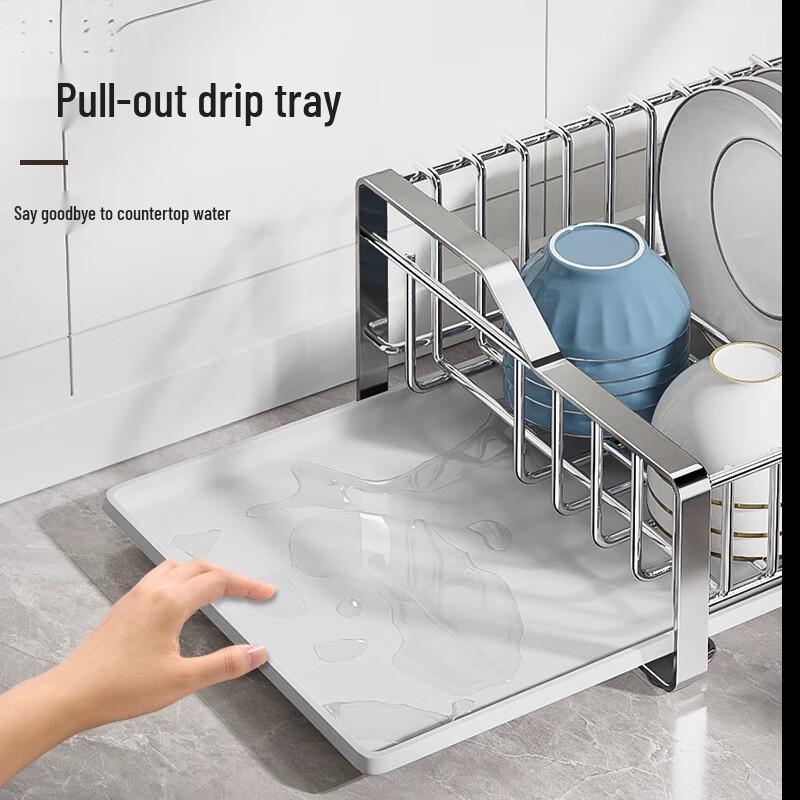 304 Stainless Steel Countertop Dish Drainer Rack with Pull-out Tray