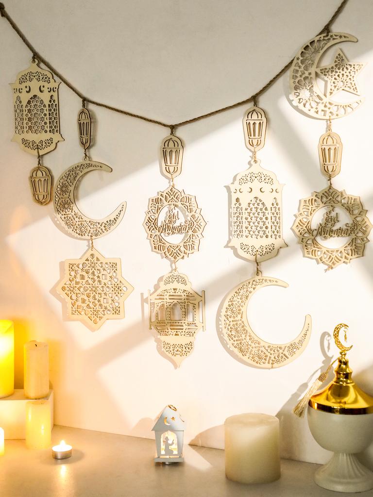 Eid Mubarak Wooden Garland Islamic Moon Star Lantern Hanging Decor for Ramadan Kareem Muslim Festival Home Party Wall Decoration