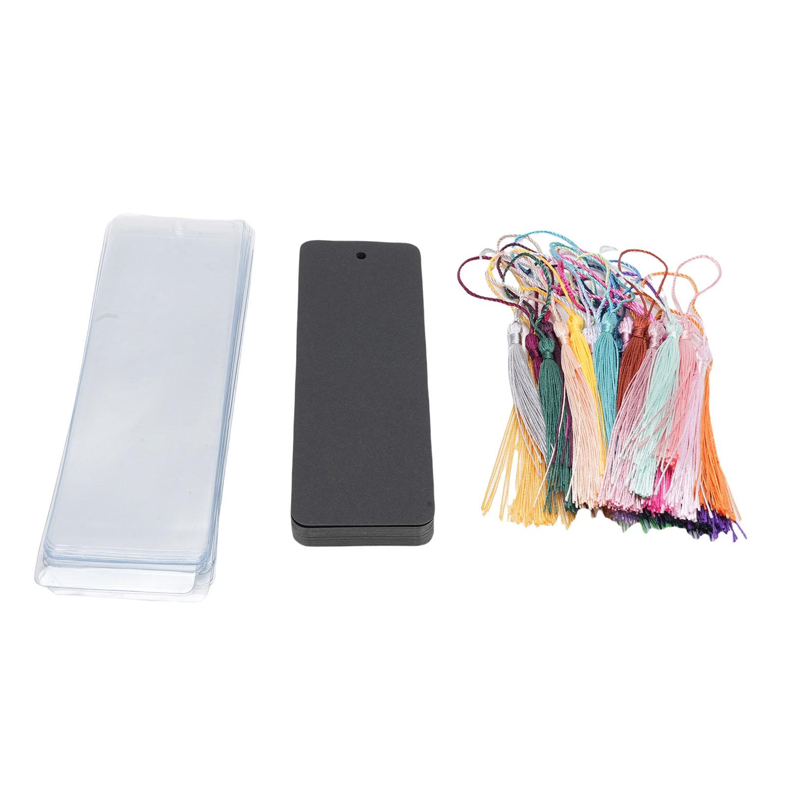 

Blank Bookmark Set with Tassels and Protective Sleeves Rounded Corner Paper Book Marks Craft Kit for Decoration Black чорний