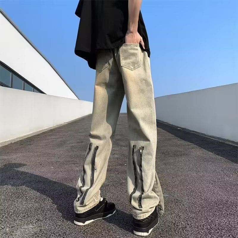 New High Street Zipper Jeans For Men In Summer Retro Handsome Pants Loose Trendy Brand Wide Leg Straight Casual Trousers For Men