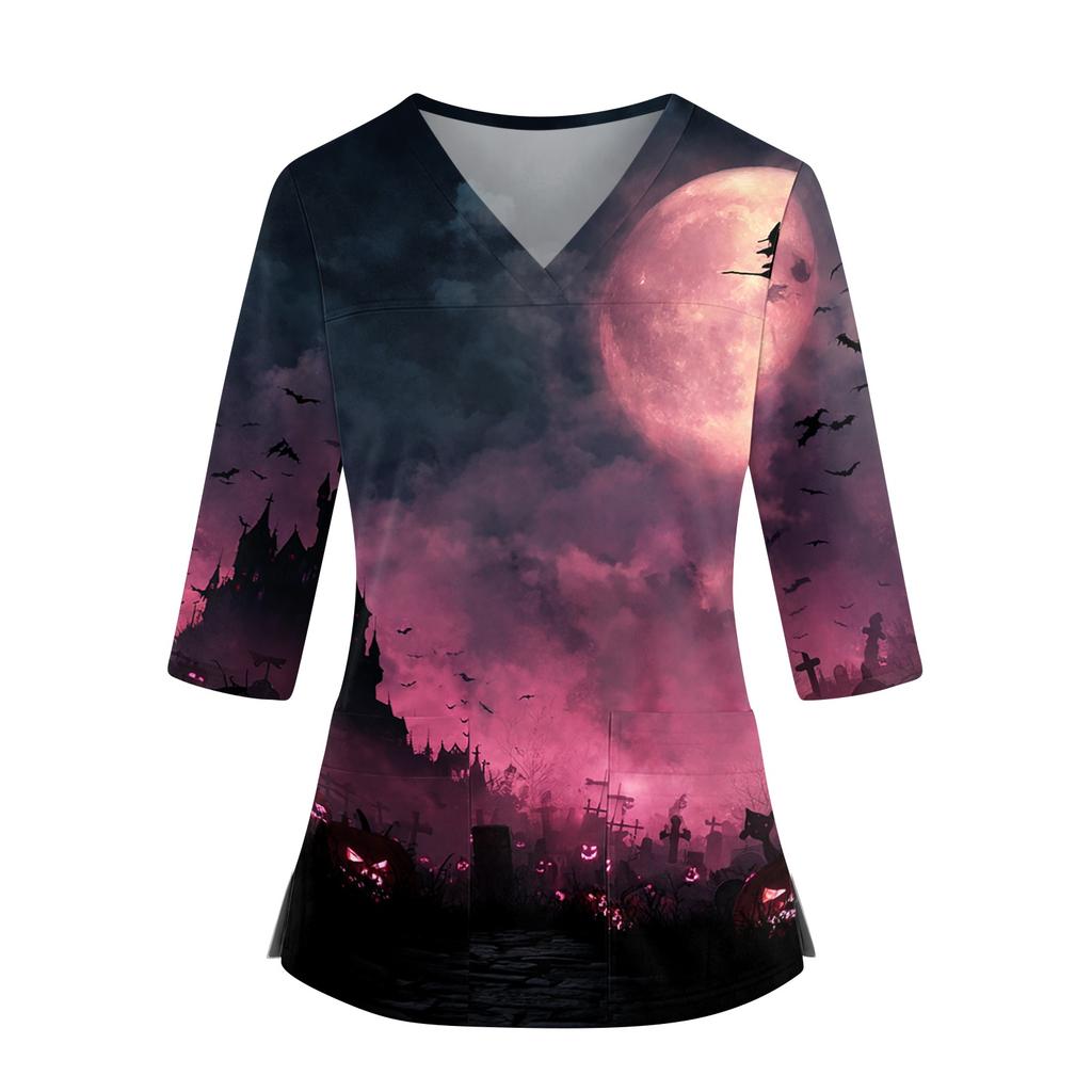 Women's Halloween Print Top V-Neck Three-Quarter Sleeve with Pockets Side Slits Costume Shirt