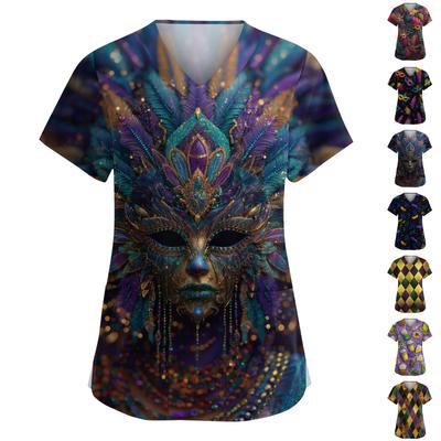 Women's Fashion V-Neck Short Sleeve Overalls With Pockets  Print Tops  Clothes