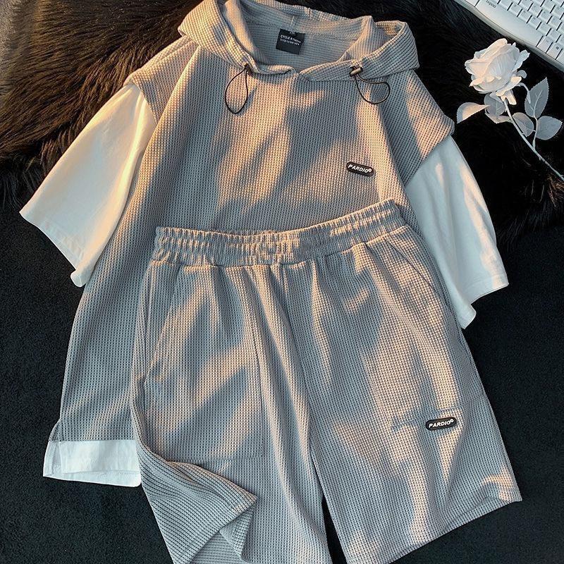 Summer Men's Fashion Waffle Short Sleeve T-shirt Two-Piece Men's Casual Comfort Large Size High-Quality Sports Set