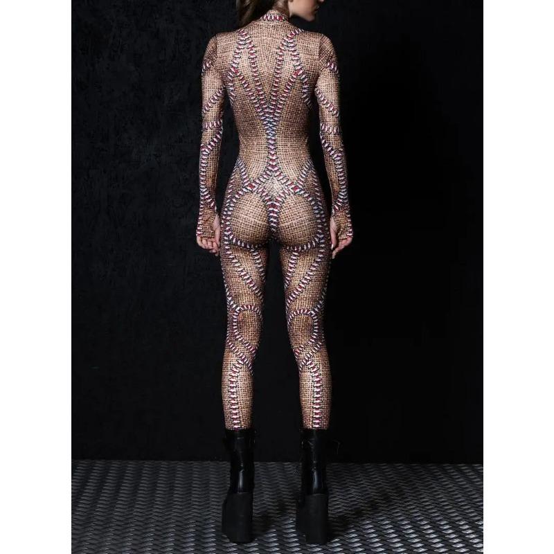Damski Halloweenowy Kombinezon Body z Długim Rękawem z Nadrukiem Cyfrowym Slim Kostium Cosplay