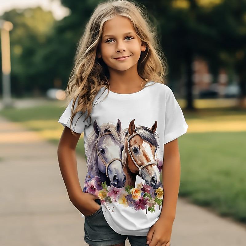 

Girls 3D Horse Tee Shirts Short Sleeve 3D Print Summer Active Fashion Cute Kids 3-12 Years 1112 Years160cm