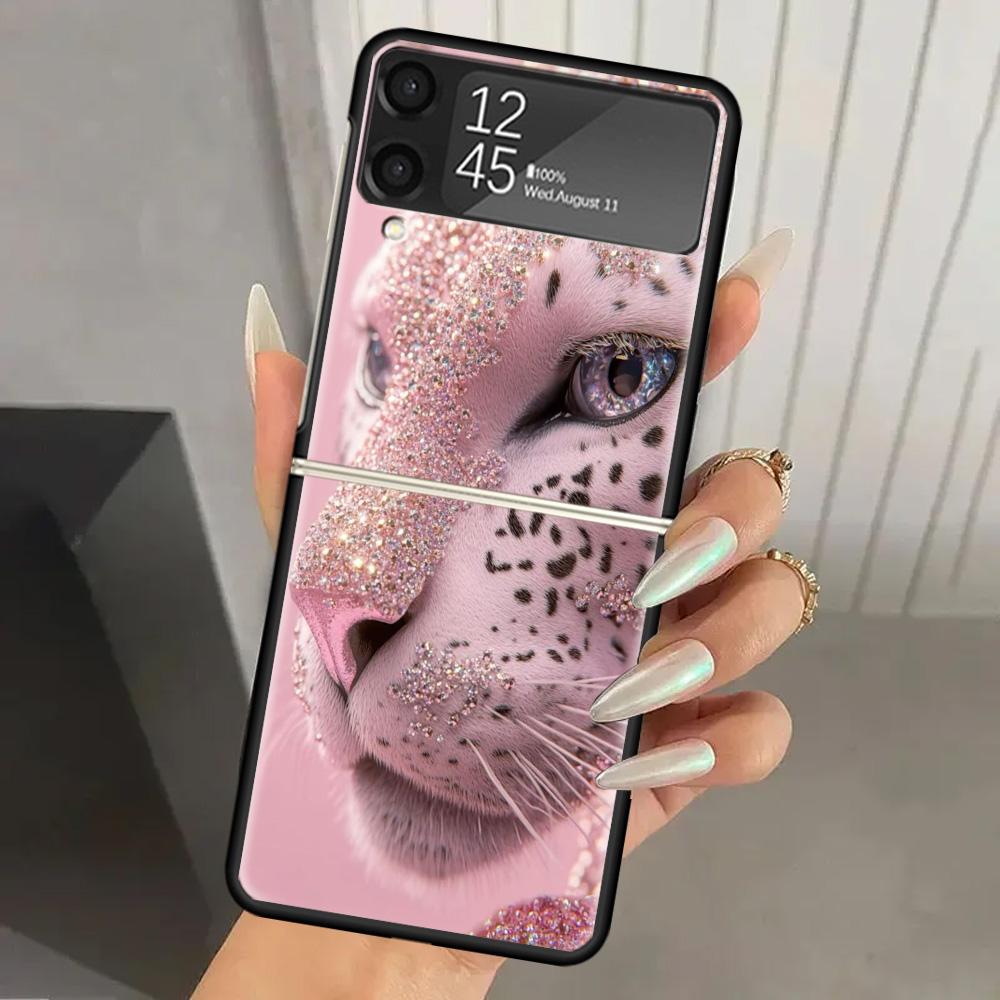 Pink Leopard Print Hard PC Phone Case For Samsung Galaxy Z Flip 7 6 5 4 3 Black ZFlip7 ZFlip6 Flip5 Flip4 Flip3 5G Print Cover