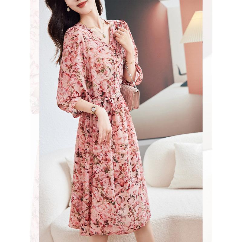 Silk dress women's  printing V-neck lace-up light luxury mulberry silk A-shaped skirt
