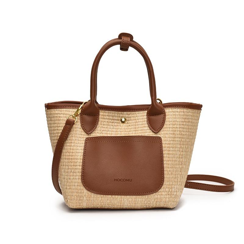Large capacity woven tote bag women's new fashion shoulder messenger bag seaside vacation straw bucket bag