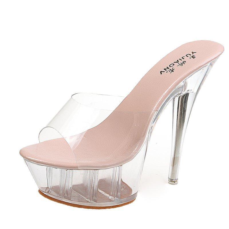 

Босоножки с открытым носком женские новые летние прозрачные тапочки женские для улицы большого размера женская обувь хрустальные высокие каблуки 41 розовый