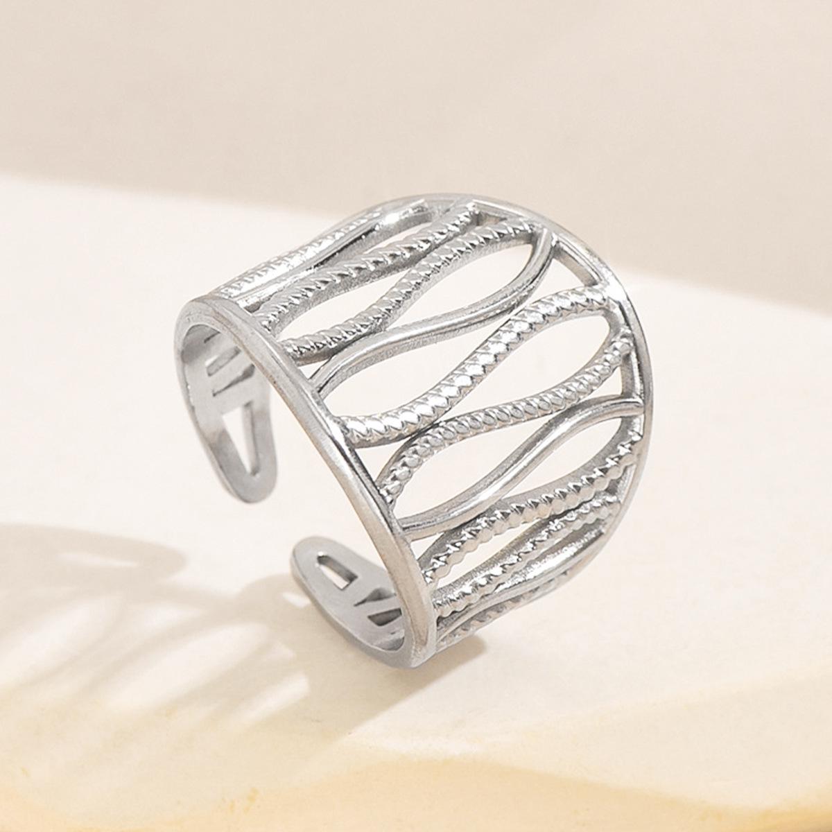 Geometric Streamlined Stainless Steel Open Ring - Women s Wide Band Hollow Design