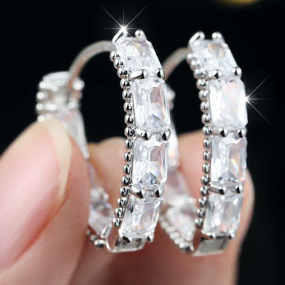 Luxury Geometric Zirconia Hoop Earrings Female Fashion Wedding Party Jewelry Gorgeous Silver Color Accessories for Women