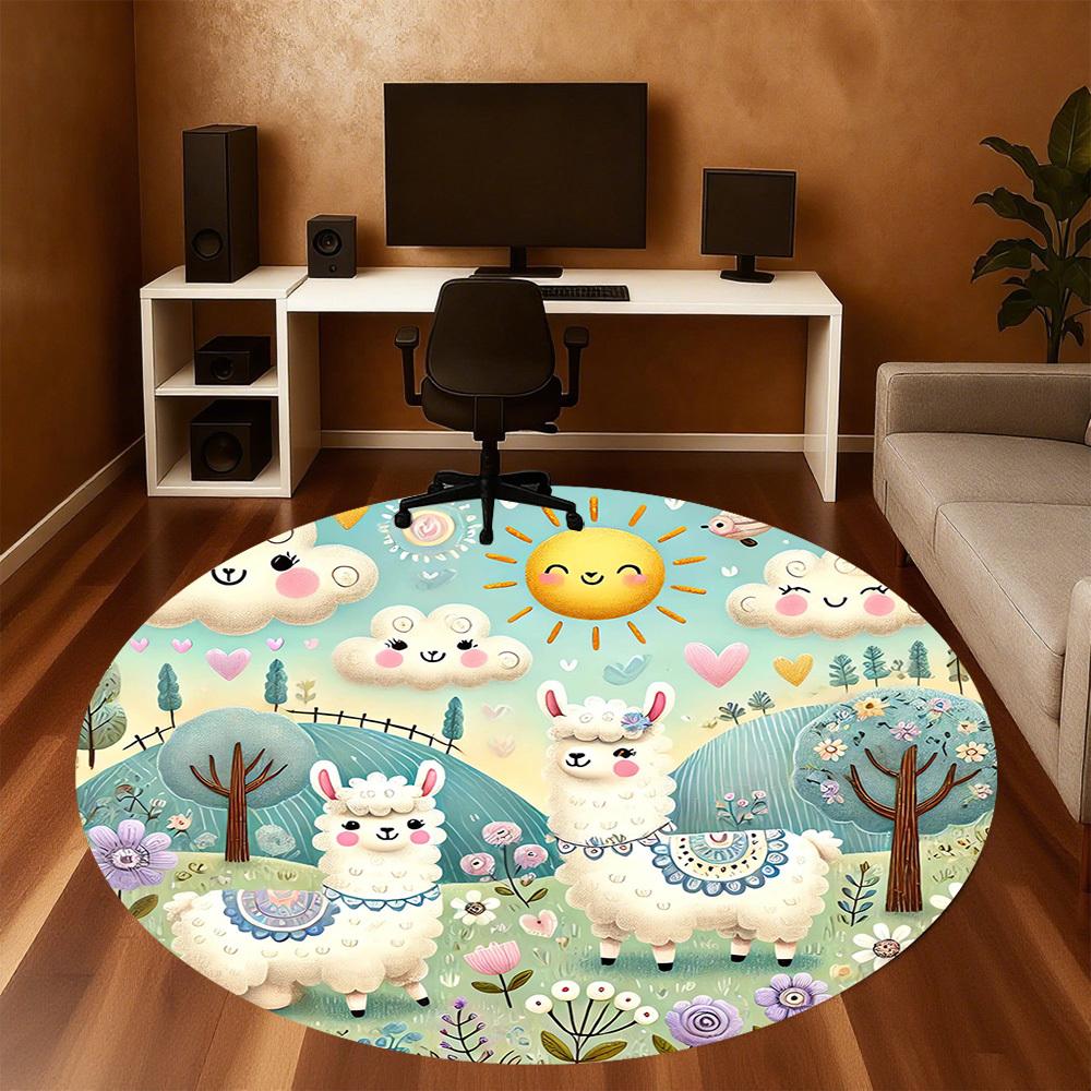 1pc Llama Flowers Round Chair Mat Area Rug - Non-Slip, Floor Mat for Office, Bedroom, and Indoor Decor -1002047
