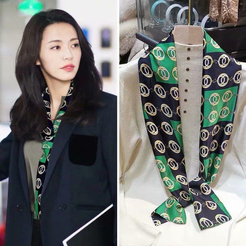 Luxury Silk Long Scarf Women Bag Handle Ribbon Ladies Plaid Print Headband Small Hair Scarves Band Female Handkerchief