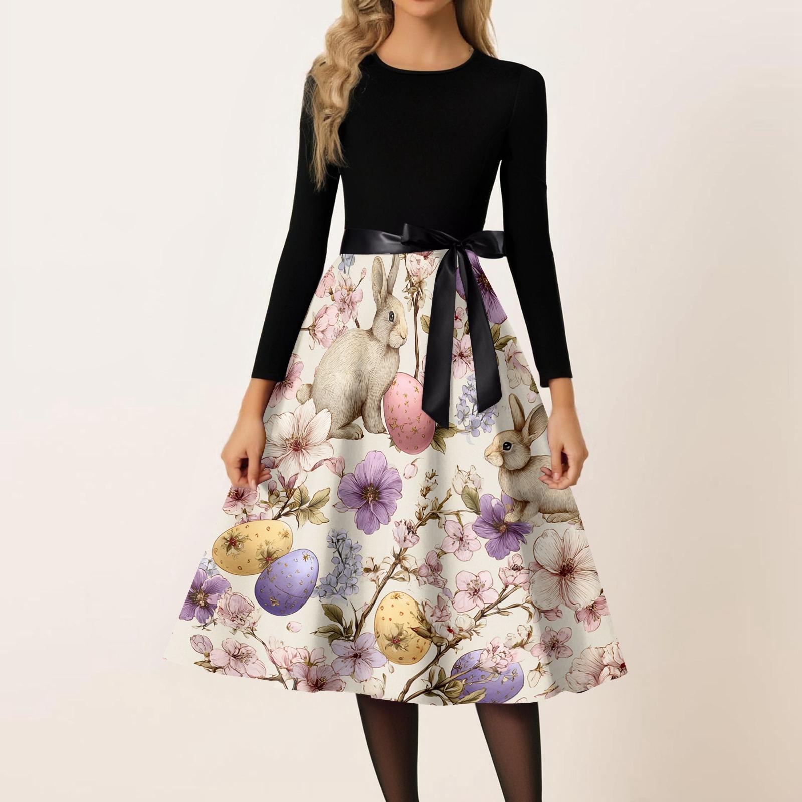 Women s Casual Fashion Round Neck Carnival Printed Vintage Dress L бежевый