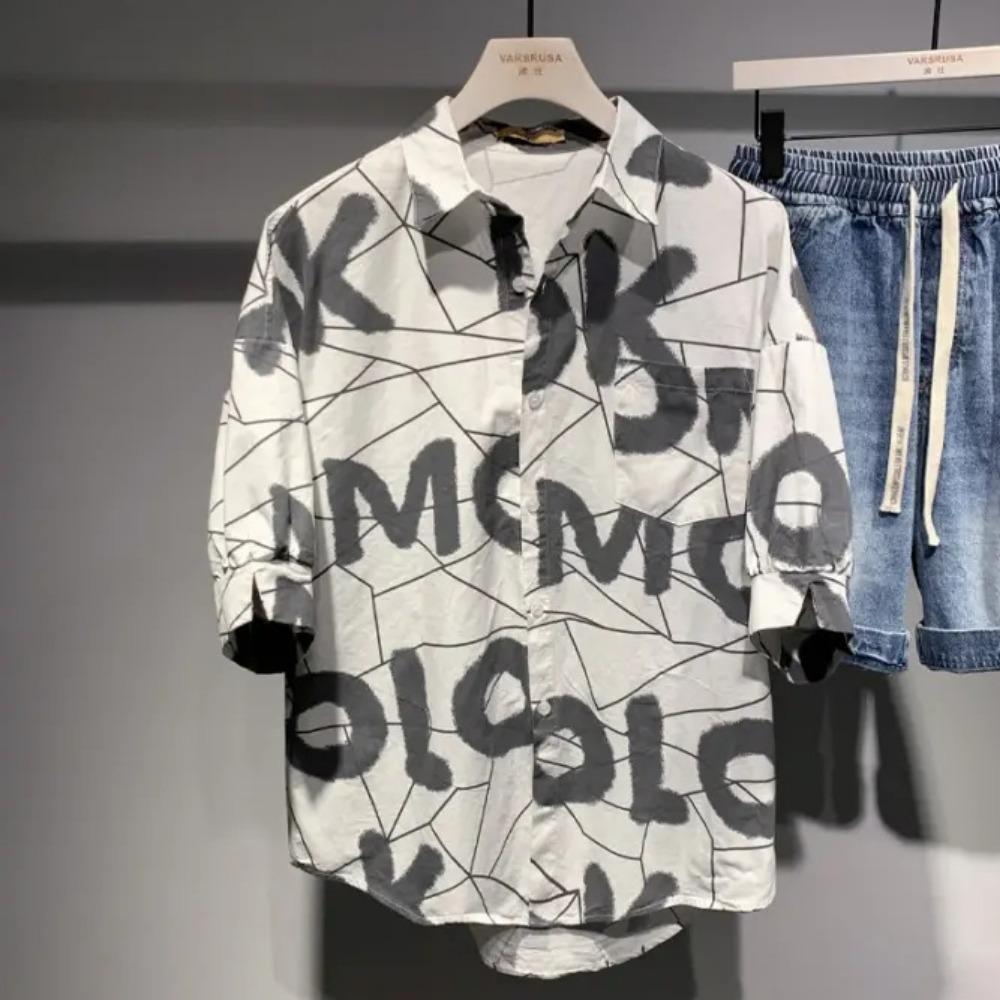 Nowa Koszula z Rękawem Pięciopunktowym z Nadrukiem Męska Letnia Modna Modna Luźna i Codzienna Personalizowany Kardigan