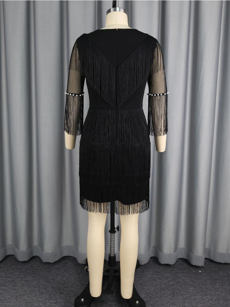 Black Stylish Bodycon Mini Fringe Dress Sheer O Neck Pearl Trim High Waist Tierred Slim Party Nights Out Special Events Gowns