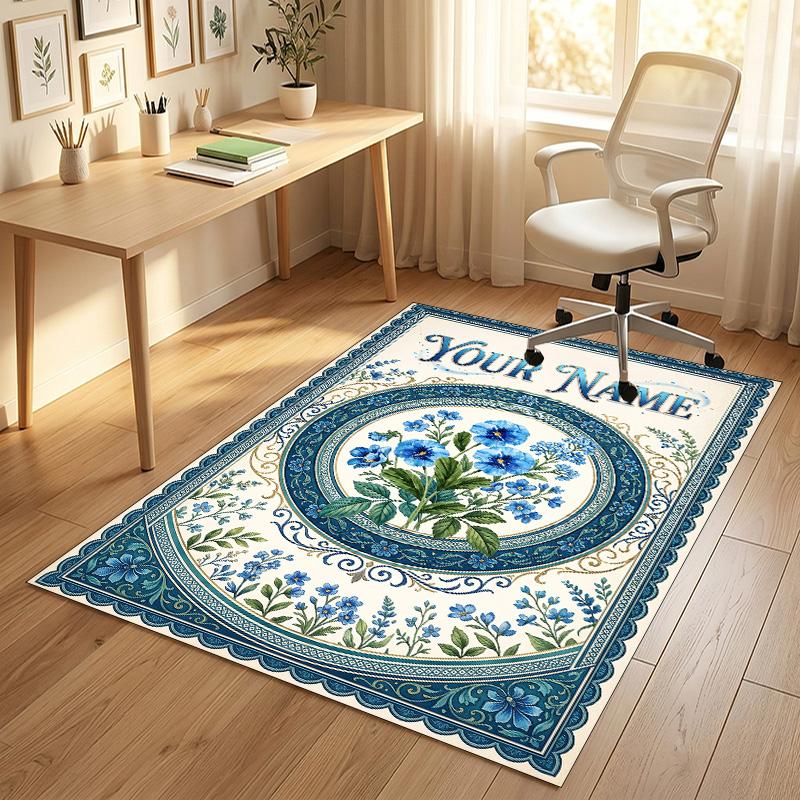 Blue Floral Elegance Theme Soft Crystal Velvet Rug Custom Name & Text Print Non Slip Floor Rug for Bedroom Living Room