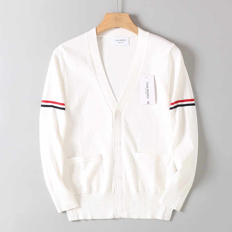 Trendy Brand Couple Style Four-Stripe V-Neck Knit Sweater with Ribbed Design, Long-Sleeve Base Shirt for Spring and Autumn